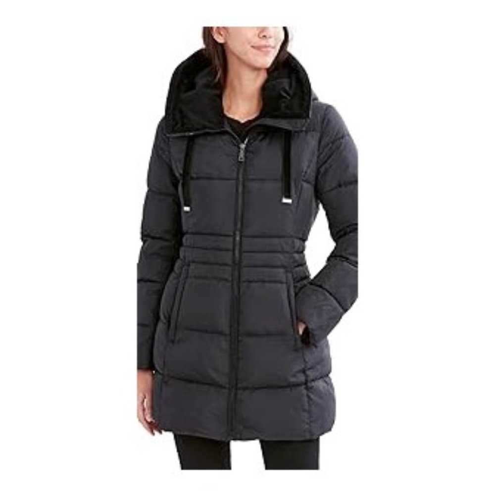 Tahari Women's Puffer Jacket with Velvet Lined Hood and Tunnel Neck, Black, XS